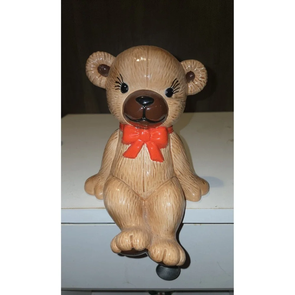 Vtg Ceramic Teddy Bear Shelf Sitter Artistic Signed & Dated Red Bow Christmas